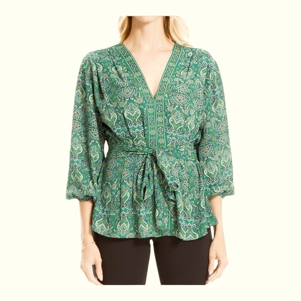 MAX STUDIO TIE FRONT 3/4 SLEEVE BLOUSE IN FORSODFL SIZE SMALL